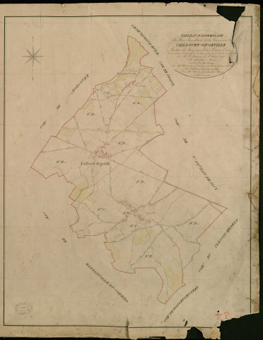 Caillouet-Orgeville. Tableau d'assemblage _ du Plan Parcellaire de la Commune de Caillouet-Orgeville _ Canton de Pacy sur Eure - Evreux - Eure. _ Terminé sur le Terrain le 26 Mars 1853, sous l'administration de M. Le Marquis de Ste Croix, Préfet _ M. Queulevée, Maire _ et sous la Direction de M. Chauveau, Directeur des Contributions directes _ M. Lefébure, Géomètre en Chef. _ Par M. Martin, Géomètre de 1re classe.