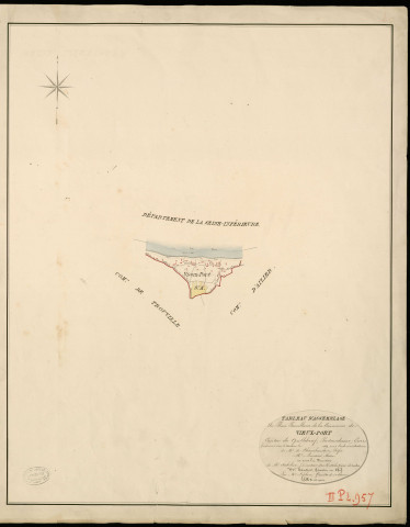 Vieux-Port. Tableau d'assemblage _ du Plan Parcellaire de la Commune de Vieux-Port _ Canton de Quillebeuf - Pontaudemer - Eure. _ Terminé sur le Terrain en 1824, sous l'administration de M. de Chambaudoin, Préfet _ M. Lemarié, Maire _ sous la Direction de M.Aubelin, Directeur des Contributions directes _ M. Hautier, Géomètre en Chef. _ Par M. Lefebure, Géomètre de 1re classe.