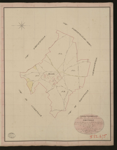 Houville-en-Vexin. Tableau d'assemblage du Plan Parcellaire de la Commune d'Houville. _ Canton de Fleury-sur-Andelle - Andelys - Eure. _ Terminé sur le terrain le 24 décembre 1835, sous l'administration de M. A. Passy, Préfet - M. Delaplace, Maire et sous la direction de M. Marel, Directeur des Contributions directes. _ M. Le Fébure, Géomètre en Chef. _ Par M. Charpentier, Géomètre de 1re classe