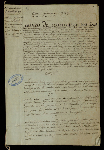 Procès-verbal manuscrit de l'assemblée, 3 exemplaires signés (31 mars-6 avril 1789) ; cahier du Tiers-État du bailliage, 2 exemplaires non signés et un brouillon.