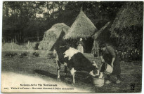 Divers. Scènes de la Vie Normande. - Visite à la Ferme : Servante donnant à boire au taureau.
