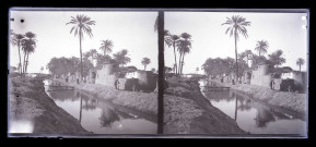 Canaux d'irrigation au pied d'habitations traditionnelles égyptiennes.