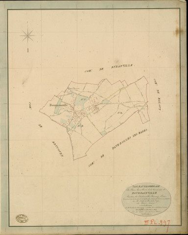 Bournainville. Tableau d'assemblage _ du Plan Parcellaire de la Commune de Bournainville _ Canton de Thiberville - Bernay - Eure. _ Terminé sur le Terrain le 28 septembre 1836 , sous l'administration de M. Petit de Bantel, Préfet _ M. Blard, Maire _ sous la Direction de M.Violas de Martigny, Directeur des Contributions directes _ M. Le Fébure, Géomètre en Chef. _ Par M. Lefebure, Géomètre de 1re classe.