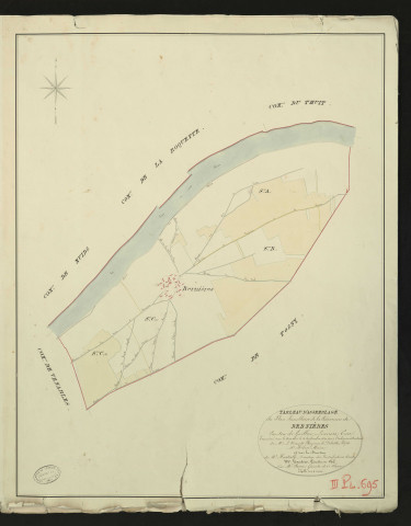 Bernières-sur-Seine. Tableau d'assemblage du Plan Parcellaire de la Commune de Bernières. _ Canton de Gaillon - Louviers - Eure. _ Terminé sur le terrain le 4 septembre 1829, sous l'administration de M. Le Vicomte Raymond Delaitre, Préfet - M. Hébert, Maire et sous la direction de M. Hurtrelle, Directeur des Contributions directes. _ M. Hautier, Géomètre en Chef. _ Par M. Canu, Géomètre de 1re classe