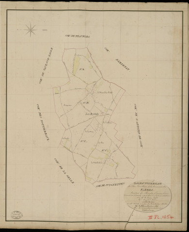 Frétils (Les). Tableau d'assemblage _ du Plan Parcellaire de la Commune de Frétils _ Canton de Rugles - Evreux - Eure. _ Terminé sur le Terrain le 2 Aout 1835, sous l'administration de M. A Passy, Préfet _ M. Angot, Maire _ et sous la Direction de M. Marel, Directeur des Contributions directes _ M. Le Fébure, Géomètre en Chef. _ Par M. Renault, Géomètre de 1re classe.