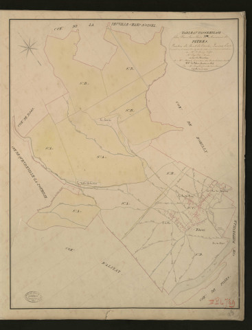 Pitres. Tableau d'assemblage _ du Plan Parcellaire de la Commune de Pitres. _ Canton de Pont-de-l'Arche - Louviers - Eure. _ Terminé sur le terrain le 25 Novembre 1834 sous l'administration de M. A. Passy, Préfet _ M. Lapètre, maire _ en sous la Direction de M. Marel, Directeur des Contributions directes. _ M. Le Fébure, Géomètre Chef. _ Par M. Lenglet, Géomètre de 1re classe.