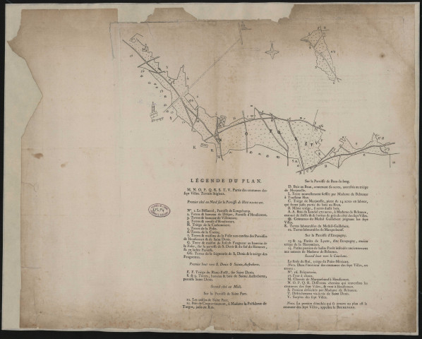 Plan légendé d'une partie des coutumes des 7 villes de Bleu, avec longue notice sur divers trièges.