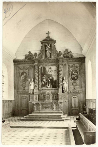 Fouqueville. Retable classé. Toile "Le Rosaire", par J. Cany. Contretable du Maître-Autel, milieu du XVIIe siècle.