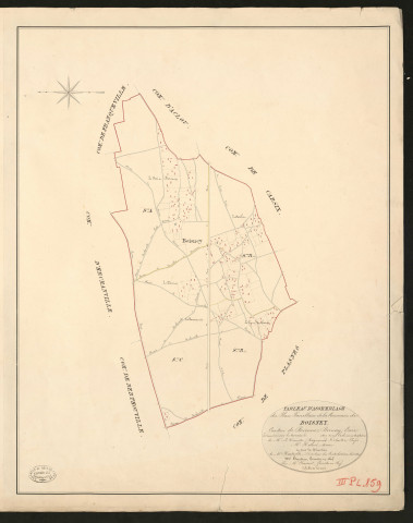 Boisney. Tableau d'assemblage du Plan Parcellaire de la Commune de Boisney. _ Canton de Brionne - Bernay - Eure. _ Terminé sur le terrain en 1827, sous l'administration de M. Le Vicomte Raymond Delaitre, Préfet - M. Hamel, Maire et sous la direction de M. Hurtelle, Directeur des Contributions directes. _ M. Hautier, Géomètre en Chef. _ Par M. Chainot, Géomètre de 1re classe