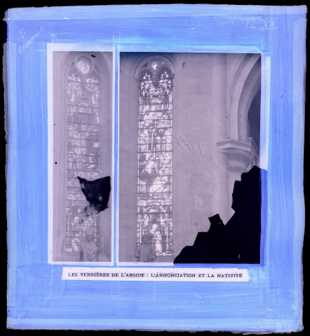 "L'Église Saint-Nicolas de Beaumont-le-Roger" du chanoine Bonnenfant, planche XX, verrières de l'abside "L'Annonciation" et "La Nativité".