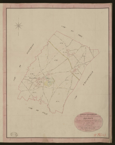 Farceaux. Tableau d'assemblage du Plan Parcellaire de la Commune de Farceaux. _ Canton d'Etrépagny - Andelys - Eure. _ Terminé sur le terrain le 4 mars 1850, sous l'administration de M. Vallont, Préfet - M. Lefebvre, Maire et sous la direction de M. Violas, Directeur des Contributions directes. _ M. Le Fébure, Géomètre en Chef. _ Par M. Martin, Géomètre de 1re classe