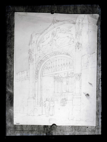 Dessin des portes du palais de justice de Rouen (Seine-Maritime) extrait des collections de la bibliothèque publique de Rouen.