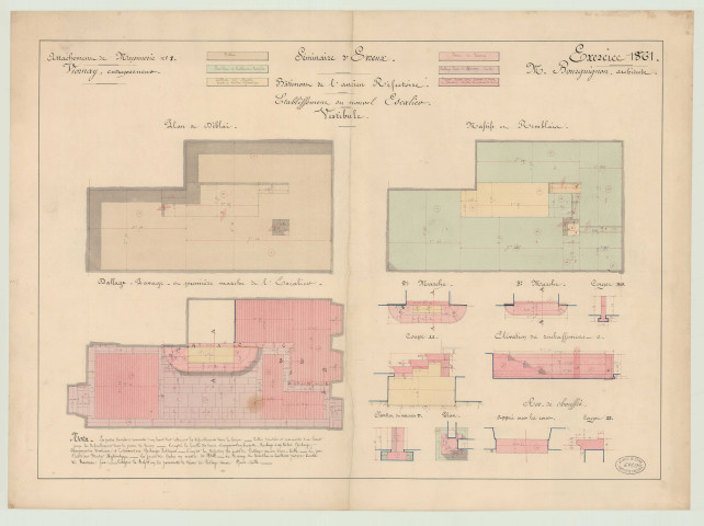 Evreux _Séminaire Saint-Taurin. _ "Séminaire d'Evreux. Bâtiment de l'ancien réfectoire. Etablissement d'un nouvel escalier, vestibule" .