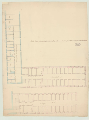 Evreux _Séminaire Saint-Taurin. _ "Plan (coté et légendé) des 2e et 3e étages du bâtiment neuf du Grand Séminaire d'Evreux et les plans du grenier de l'ancien bâtiment en retour de la chapelle."