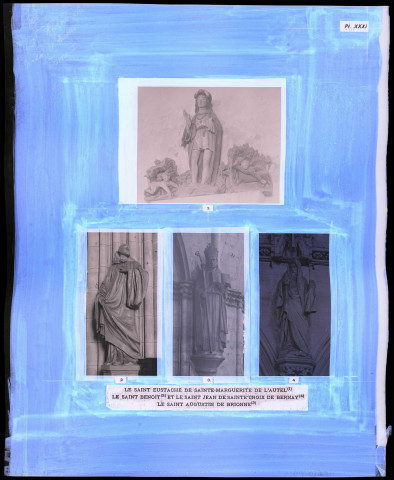 "Histoire générale du diocèse d'Évreux" du chanoine Bonnenfant tome I, planche XXXI Saint-Eustache de l'église de Sainte-Marguerite-de-l'Autel (Eure), Saint-Benoît et Saint-Jean de l'église Sainte-Croix de Bernay (Eure) et Saint-Augustin de l'église de Brionne (Eure).