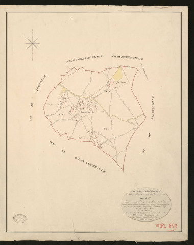 Morsan. Tableau d'assemblage du Plan Parcellaire de la Commune de Morsan. _ Canton de Brionne - Bernay - Eure. _ Terminé sur le terrain le 10 août 1827, sous l'administration de M. Le Vicomte Raymond Delaitre, Préfet - M. Alienne, Maire et sous la direction de M. Hurtelle, Directeur des Contributions directes. _ M. Hautier, Géomètre en Chef. _ Par M. Roger, Géomètre de 1re classe