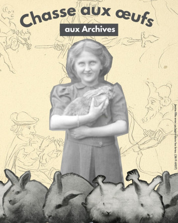 Une fillette tenant dans ses bras un lapin, au fond : des dessins issus des archives.