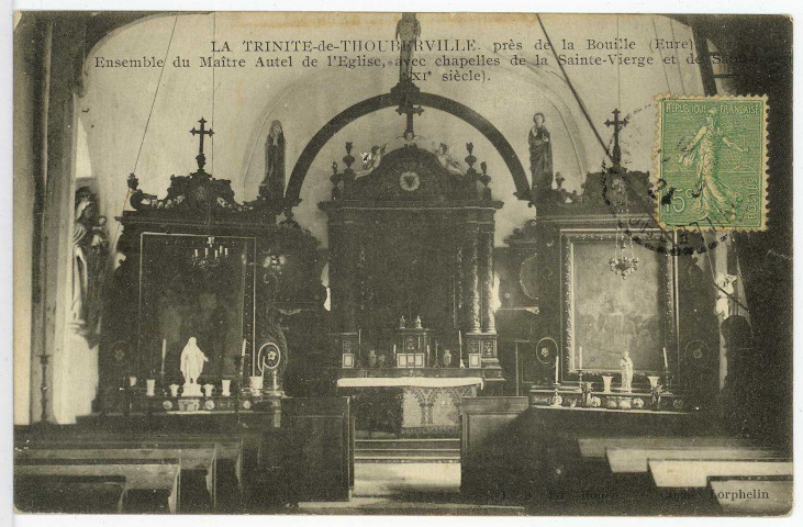 Trinité-de-Thouberville (La). La Trinité-de-Thouberville, près de la Bouille (Eure). Ensemble du Maître Autel de l'Eglise, avec chapelles de la Sainte-Vierge et de Saint-Joseph (XIe siècle).