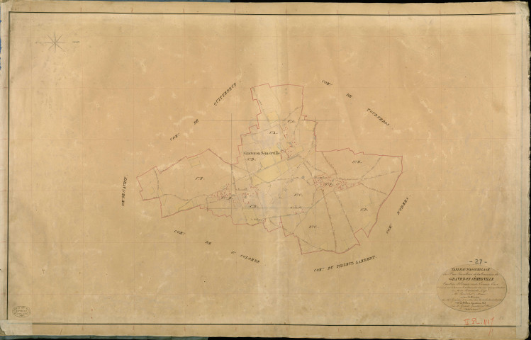 Graveron-Sémerville. Tableau d'assemblage _ du Plan Parcellaire de la Commune de Graveron Sémerville _ Canton de Evreux (nord) - Evreux - Eure. _ Terminé sur le Terrain le 20 Novembre 1840 , sous l'administration de M. de Monicault, Préfet _ M. Bourrelier, Maire _ sous la Direction de M. Garnier, Directeur des Contributions directes _ M. Le Fébure, Géomètre en Chef. _ Par M. Gérard, Géomètre de 1re classe.