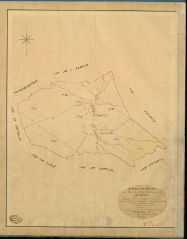 Gauville-la-Campagne. Tableau d'assemblage _ du Plan Parcellaire de la Commune de Gauville _ Canton de Evreux (nord) - Evreux - Eure. _ Terminé sur le Terrain le 18 Novembre 1840 , sous l'administration de M. de Monicault, Préfet _ M. Le Clerc, Maire _ sous la Direction de M. Garnier, Directeur des Contributions directes _ M. Le Fébure, Géomètre en Chef. _ Par M. Pizier, Géomètre de 1re classe.