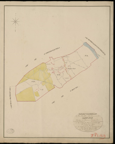 Saint-Just. Tableau d'assemblage _ du Plan Parcellaire de la Commune de Saint Just _ Canton de Vernon - Evreux - Eure. _ Terminé sur le Terrain en 1825, sous l'administration de M. Le Vicomte Raymond Delaitre, Préfet _ M. Dubuisson, Maire _ et sous la Direction de M. Aubelin, Directeur des Contributions directes _ M. Hautier, Géomètre en Chef. _ Par M. Chainot, Géomètre de 1re classe.