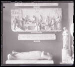 Moulage de statue de Vierge à l'enfant, moulage du gisant de Suzanne de Coesme, femme de Louis de Rouville provenant de l'abbaye de Bonport à Pont-del'Arche (Eure), moulage d'un fragment de soffite provenant du château de Gaillon (Eure) et moulage d'un bas-relief représentant la Mort de la Vierge provenant de l'église Saint-Jacques-la-Boucherie de Paris (Seine), exposés au musée du Trocadéro de Paris (Seine).