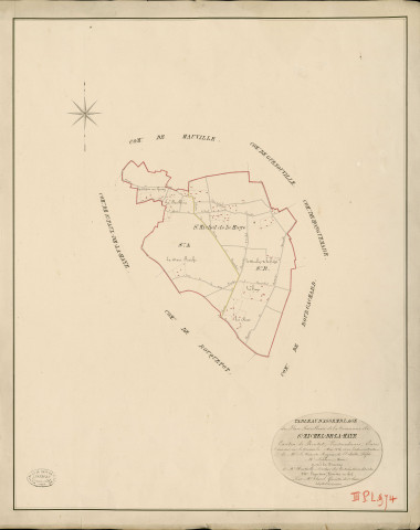 Saint-Michel-de-la-Haye. Tableau d'assemblage _ du Plan Parcellaire de la Commune de St Michel-de-le-Haye _ Canton de Routot - Pontaudemer - Eure. _ Terminé sur le Terrain en mai 1826 , sous l'administration de M.Le Vicomte Raymond Delaitre, Préfet _ M. Lefebure, Maire _ sous la Direction de M.Hurtrelle, Directeur des Contributions directes _ M. Hautier, Géomètre en Chef. _ Par M. Thorel, Géomètre de 1re classe.