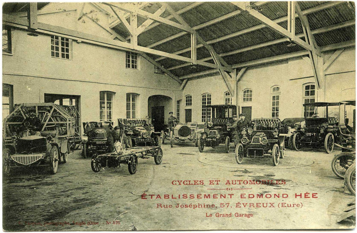 Evreux-Ville. Établissement Edmond Hée - Cycles et Automobiles Rue Joséphine Le Grand Garage.