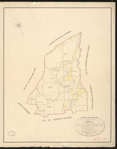 Réville. Tableau d'assemblage _ du Plan Parcellaire de la Commune de _ Réville _ Canton de Broglie - Bernay - Eure. _ Terminé sur le terrain le 20 avril 1831 sous l'administration _ de Mr Passy, Préfet _ Mr Delaval, Maire _ et sous la direction _ de Mr Marel, directeur des Contributuions directes _ Mr Lefébure, géomètre en chef. _ Par Mr Caffin, Géomètre de 1ère classe _ Echelle de 1 à 10,000