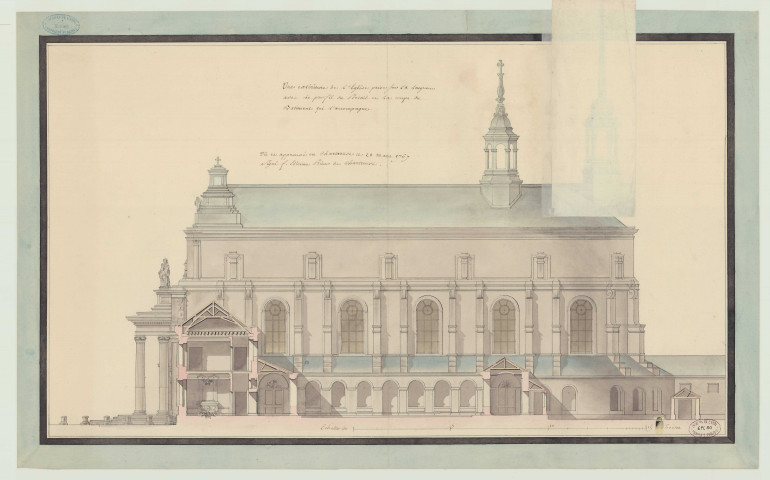 Aubevoye _Chartreuse de Bourbon-lès-Gaillon. _ "Vue extérieure de l'église prise sur la longueur avec le profil du portail et la coupe du bâtiment qui l'accompagne ".