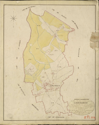 Haye-Malherbe (La). Tableau d'assemblage du plan parcellaire de la commune de La Haye Malherbe. _ Canton de Louviers - Louviers - Eure. _ Terminé sur le terrain le... 1823, sous l'administration de M. le Vicomte Raymond Delaitre, Préfet - de M. De Guenet, Maire, et sous la direction de M. Boullenger, Directeur des contributions directes. _ M. Hautier, géomètre en chef. _ Par M. Meunier, géomètre de 1re classe.