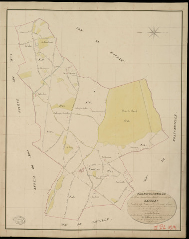 Mandres. Tableau d'assemblage _ du Plan Parcellaire de la Commune de Mandres _ Canton de Verneuil - Evreux - Eure. _ Terminé sur le Terrain le 26 Mars 1836, sous l'administration de M. A. Passy, Préfet _ M. Pescheur, Maire _ et sous la Direction de M. Marel, Directeur des Contributions directes _ M. Le Fébure, Géomètre en Chef. _ Par M. Girard, Géomètre de 1re classe.