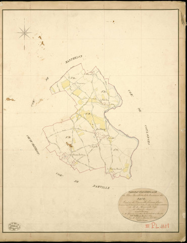 Sacq (Le). Tableau d'assemblage _ du Plan Parcellaire de la Commune de Sacq _ Canton de Damville - Evreux - Eure. _ Terminé sur le Terrain le 28 Septembre 1839 , sous l'administration de M. de Monicault, Préfet _ M. Mesnil, Maire _ sous la Direction de M. Garnier, Directeur des Contributions directes _ M. Le Fébure, Géomètre en Chef. _ Par M. Lefebure, Géomètre de 1re classe.
