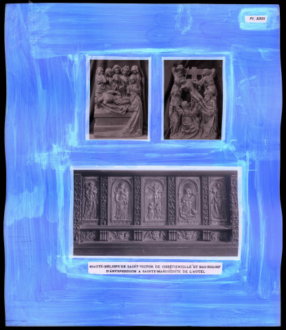"Histoire générale du diocèse d'Évreux" du chanoine Bonnenfant tome I, planche XXIII hauts-reliefs de l'église de Saint-Victor-de-Chrétienville (Eure) et bas-relief d'antependium de l'église Sainte-Marguerite-de-l'Autel (Eure).