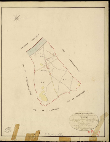 Vironvay. Tableau d'assemblage _ du Plan Parcellaire de la Commune de Vironvay _ Canton de Louviers - Louviers - Eure. _ Terminé sur le Terrain en 1823, sous l'administration de M. Le Vicomte Raymond Delaitre, Préfet _ M. Gosselin, Maire _ et sous la Direction de M. Boullenger, Directeur des Contributions directes _ M. Hautier, Géomètre en Chef. _ Par M. Folin, Géomètre de 1re classe.