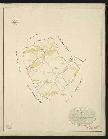 Saint-Siméon. Tableau d'assemblage _ du Plan Parcellaire de la Commune de Saint-Siméon _ Canton de Cormeille - Pontaudemer - Eure. _ Terminé sur le Terrain en 1826, sous l'administration de Mr. Vicomte Raymond Delaitre, Préfet _ M. Conard, Maire _ sous la Direction de M. Heurtrelle, Directeur des Contributions directes _ M. Hautier, Géomètre en Chef. _ Par M. Roger, Géomètre de 1re classe.
