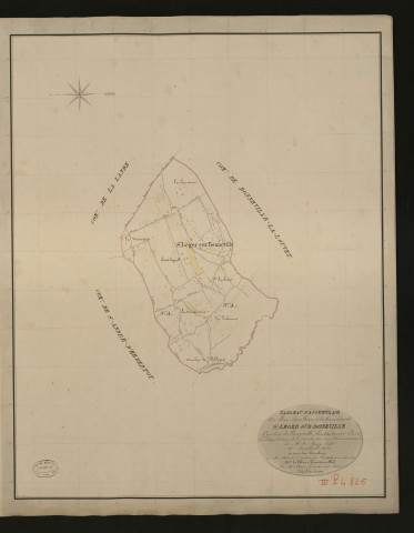 Saint-Léger-sur-Bonneville. Tableau d'assemblage _ du Plan Parcellaire de la Commune de Saint-Léger-sur-Bonneville _ Canton de Beuzeville - Pontaudemer - Eure. _ Terminé sur le terrain le 31 décembre 1833, sous l'administration de M. A Passy, Préfet _ M. Bouillon, maire _ en sous la Direction de M. Marel, Directeur des Contributions directes. _ M. Le Fébure, Géomètre en Chef. _ Par M. Canu, Géomètre de 1re classe.