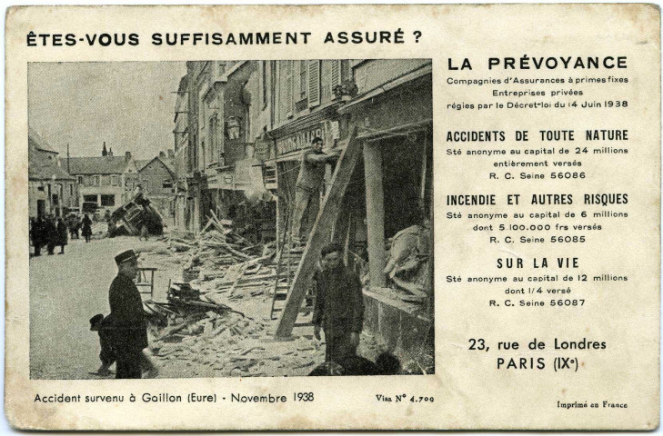 Gaillon. Accident survenu à Gaillon (Eure) - Novembre 1938 - Société d'assurances La Prévoyance.