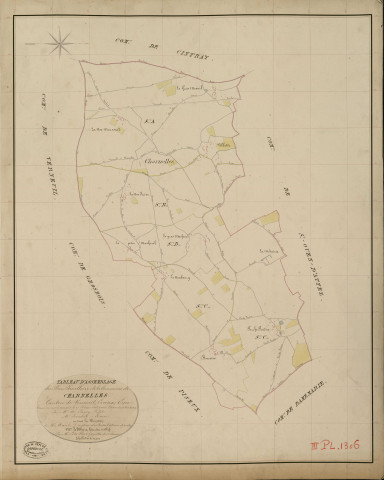 Charnelles. Tableau d'assemblage _ du Plan Parcellaire de la Commune de Charnelles _ Canton de Verneuil - Evreux - Eure. _ Terminé sur le Terrain le 19 Février 1836, sous l'administration de M. A. Passy, Préfet _ M. Pouchet, Maire _ et sous la Direction de M. Marel, Directeur des Contributions directes _ M. Le Fébure, Géomètre en Chef. _ Par M. Letailleur, Géomètre de 1re classe.