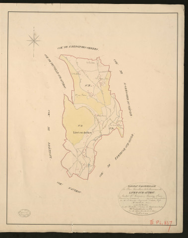 Livet-sur-Authou. Tableau d'assemblage du Plan Parcellaire de la Commune de Livet-sur-Authou. _ Canton de Brionne - Bernay - Eure. _ Terminé sur le terrain en 1827, sous l'administration de M. Le Vicomte Raymond Delaitre, Préfet - M. Adelinet, Maire et sous la direction de M. Hurtelle, Directeur des Contributions directes. _ M. Hautier, Géomètre en Chef. _ Par M. Pilfert, Géomètre de 1re classe