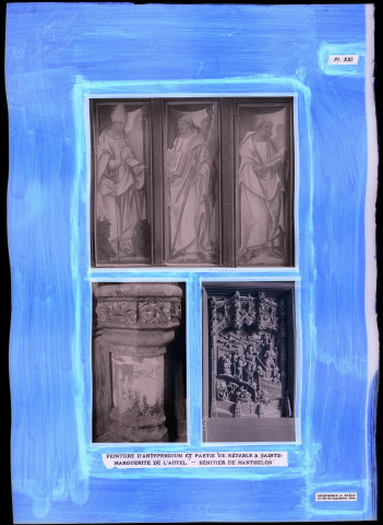 "Histoire générale du diocèse d'Évreux" du chanoine Bonnenfant tome I, planche XXI peinture d'antependium et partie de retable de l'église de Sainte-Marguerite-de-l'Autel (Eure) et bénitier de Manthelon (Eure).