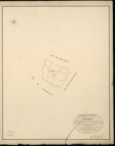 Lilletot. Tableau d'assemblage _ du Plan Parcellaire de la Commune de Lilletot _ Canton de Quillebeuf - Pontaudemer - Eure. _ Terminé sur le Terrain en 1823, sous l'administration de M. de Chambaudoin, Préfet _ M. Heudeguin, Maire _ sous la Direction de M. Aubelin, Directeur des Contributions directes _ M. Hautier, Géomètre en Chef. _ Par M. Lefebure, Géomètre de 1re classe.