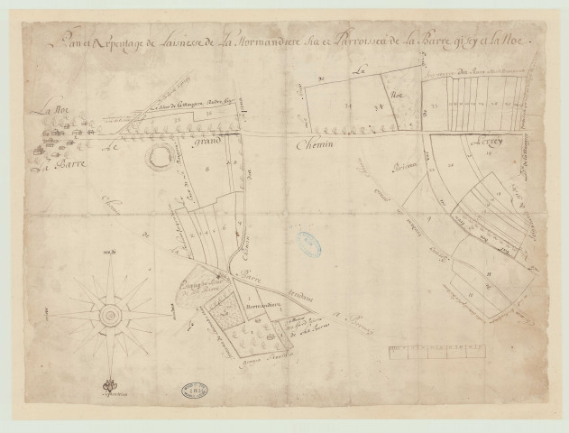 Barre-en-Ouche (La) - " Plan et arpentage de l'ainesse de La Normandière size es paroisses de La Barre, Gizey et La Noé…" *