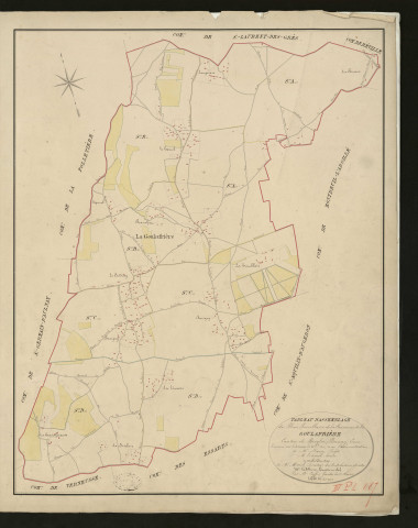 Goulafrière (La). Tableau d'assemblage _ du Plan Parcellaire de la Commune de la _ Goulafrière _ Canton de Broglie - Bernay - Eure. _ Terminé sur le terrain le 30 septembre 1831 sous l'administration _ de Mr Passy, Préfet _ Mr Lesieur, Maire _ et sous la direction _ de Mr Marel, directeur des Contributuions directes _ Mr Lefébure, géomètre en chef. _ Par Mr Caffin, Géomètre de 1ère classe _ Echelle de 1 à 10,000