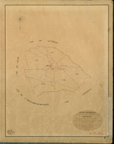 Parville. Tableau d'assemblage _ du Plan Parcellaire de la Commune de Parville _ Canton de Evreux (nord) - Evreux - Eure. _ Terminé sur le Terrain le 22 Janvier 1841 , sous l'administration de M. de Monicault, Préfet _ M. Coquet, Maire _ sous la Direction de M. Garnier, Directeur des Contributions directes _ M. Le Fébure, Géomètre en Chef. _ Par M. Drouet, Géomètre de 1re classe.