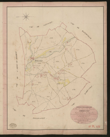 Hébécourt. Tableau d'assemblage du Plan Parcellaire de la Commune d'Hébécourt. _ Canton de Gisors - Andelys - Eure. _ Terminé sur le terrain le 10 septembre 1840, sous l'administration de M. de Monicault, Préfet - M. Chevallier, Maire et sous la direction de M. Garnier, Directeur des Contributions directes. _ M. Le Fébure, Géomètre en Chef. _ Par M. Girard, Géomètre de 1re classe