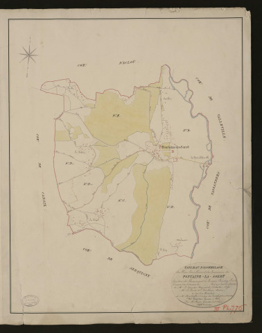 Fontaine-la-Soret. Tableau d'assemblage du Plan Parcellaire de la Commune de Fontaine-la-Soret _ Canton de Beaumont-le-Roger - Bernay - Eure. _ Terminé sur le terrain le 1826, sous l'administration de M. Le Vicomte Raymond Delaitre, Préfet - M. Le Comte de Revilliase, Maire et sous la direction de M. Hurtelle, Directeur des Contributions directes. _ M. Hautier, Géomètre en Chef. _ Par M. Canu, Géomètre de 1re classe