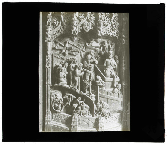 Église de Sainte-Marguerite-de-l'Autel (Eure), maître-autel en bois, détail du Jugement Dernier.