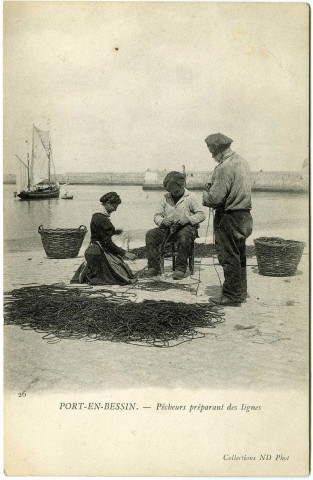 Basse-Normandie. Port-en-Bessin. - Pêcheurs préparant des lignes.