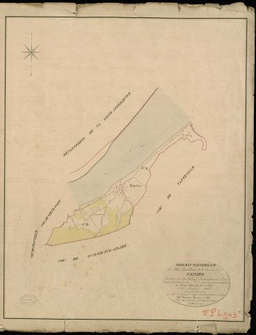 Aizier. Tableau d'assemblage _ du Plan Parcellaire de la Commune d'Aizier _ Canton de Quillebeuf - Pontaudemer - Eure. _ Terminé sur le Terrain en 1824, sous l'administration de M. de Chambaudoin, Préfet _ M. Roselet, Maire _ sous la Direction de M. Aubelin, Directeur des Contributions directes _ M. Hautier, Géomètre en Chef. _ Par M. Gérard, Géomètre de 1re classe.
